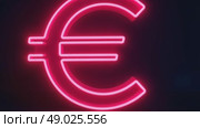Neon symbol of European currency. Euro sign glows red, gets closer and further away. European money on dark background. Стоковое AI-видео, аниматор Ирина / Фотобанк Лори