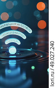 A translucent 3D Wi-Fi icon with ripple effects, symbolizing connectivity, set on an abstract digital background with futuristic hi tech neon light. Стоковое AI-видео, аниматор Sergey Grishin / Фотобанк Лори