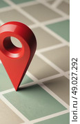 A flat-shaded 3D location pin icon with subtle parallax effect, bright red, hovering over a minimalist map with destination point, geo tracking, satellite navigation. Стоковое AI-видео, аниматор Sergey Grishin / Фотобанк Лори