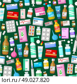 Medicine tablets, pills  and vitamins pattern. Vector illustration. Стоковая иллюстрация, агентство Ingram Publishing / Фотобанк Лори