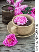 tea rose. Cup with fresh fragrant herbal decoction of tea rose.The image is tinted. Стоковое фото, агентство Ingram Publishing / Фотобанк Лори