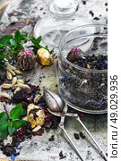 tea brew. Various dry tea brew on iron background with tea paraphernalia. Стоковое фото, агентство Ingram Publishing / Фотобанк Лори