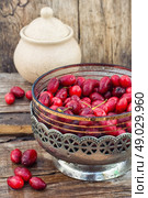 Cornel berries with herbaceous medicinal shrub. Ripe berry of the dogwood in an old vase on wooden background. Стоковое фото, агентство Ingram Publishing / Фотобанк Лори