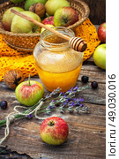 Autumn harvest of apples in the background of the glass jar with fragrant honey. Стоковое фото, агентство Ingram Publishing / Фотобанк Лори