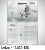 Vector set of tri-fold brochure design template on both sides. Gray background with timeline and world globe. Infographic pattern. Vector set of tri-fold brochure design template on both sides. Gray background with timeline and world globe. Vector infographic template for your design. Стоковая иллюстрация, агентство Ingram Publishing / Фотобанк Лори
