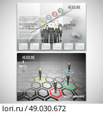 Vector set of tri-fold brochure design template on both sides. Professional business team standing over gray background with timeline and world map. Infographic pattern. Vector set of tri-fold brochure design template. Group of a professional business team standing over gray background with timeline and world map. Vector infographic template for your design. Стоковая иллюстрация, агентство Ingram Publishing / Фотобанк Лори