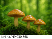 Три рыжих гриба растут на фоне зелёного леса и мха. Стоковое AI-изображение, AI-художник Башкирова Анна / Фотобанк Лори
