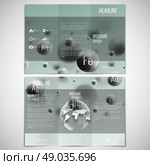 Vector set of tri-fold brochure design template on both sides with world globe element. Three dimensional glowing steel spheres, gray background. Abstract molecule metals. Scientific background. Стоковая иллюстрация, агентство Ingram Publishing / Фотобанк Лори