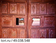 Santiago de Compostela end of Saint James Way carved wood sign in Galicia Spain. Стоковое фото, агентство Ingram Publishing / Фотобанк Лори