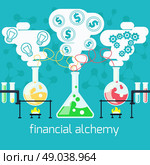 Business concept of alchemy experiment for generating money and ideas with laboratory equipments in flat design. Стоковая иллюстрация, агентство Ingram Publishing / Фотобанк Лори
