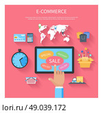 Internet shopping e-commerce concept with monitor screen of buying products via online shop store e-commerce ideas and symbols sale elements on stylish background. Internet shopping concept with monitor screen. Стоковая иллюстрация, агентство Ingram Publishing / Фотобанк Лори