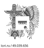 Tribal frame with doodle totem dreamcatcher animal mask vector illustration. Tribal Elements Frame. Стоковая иллюстрация, агентство Ingram Publishing / Фотобанк Лори