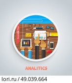 Business plan strategy analitics with touchscreen presentation. Creative businessman showing positive growth. Team meeting analyzed performance on modern devices in flat design style on round banner. Business Plan Strategy with Touchscreen Presentation. Стоковая иллюстрация, агентство Ingram Publishing / Фотобанк Лори