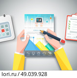 Hands holding infographic business brochure banners analitics, strategy. Modern stylized graphics data visualization. Web banners marketing and promotional materials, flyers, presentation templates. Стоковая иллюстрация, агентство Ingram Publishing / Фотобанк Лори
