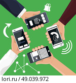 Hands holding smartphones telephones that call send sms bought products online cartoon flat design style. Hands holding smartphones telephones that. Стоковая иллюстрация, агентство Ingram Publishing / Фотобанк Лори