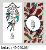 Boho style vertical banner set with sketch dreamcatcher and feathers isolated vector illustration. Boho Style Banner Set. Стоковая иллюстрация, агентство Ingram Publishing / Фотобанк Лори