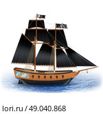  Pirate Ship Illustration .  Wooden pirate ship with black sails and Jolly Roger flag at sea realistic vector illustration . Стоковая иллюстрация, агентство Ingram Publishing / Фотобанк Лори