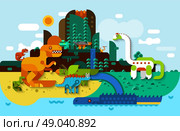 Dinosaur flat background with predators in prehistoric landscape vector illustration. Dinosaur Flat Background. Стоковая иллюстрация, агентство Ingram Publishing / Фотобанк Лори