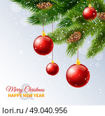 Decorated christmas tree branches card print . Holiday season new year greetings card with decorated christmas tree branches and snow flocks abstract vector illustration. Стоковая иллюстрация, агентство Ingram Publishing / Фотобанк Лори
