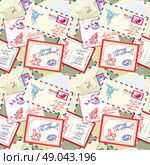 Seamless pattern with xmas stamps, envelops, labels, cards, hand written texts, Christmas and New Year postage background for winter holidays design. Стоковая иллюстрация, агентство Ingram Publishing / Фотобанк Лори