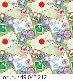 Seamless pattern with xmas stamps, envelops, labels, cards, hand written texts, Christmas and New Year postage background for winter holidays design. Стоковая иллюстрация, агентство Ingram Publishing / Фотобанк Лори