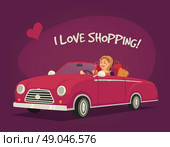 Woman Driving Shopping . Woman driving shopping in a cabriolet on purple background cartoon vector illustration . Стоковая иллюстрация, агентство Ingram Publishing / Фотобанк Лори