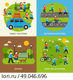 Outing design concept set with family vacation isolated vector illustration. Outing Flat Set. Стоковая иллюстрация, агентство Ingram Publishing / Фотобанк Лори