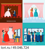 Theater 4 flat icons square banner. Theater performance approving applause and tickets at the door 4 flat icons square banner abstract vector illustration. Стоковая иллюстрация, агентство Ingram Publishing / Фотобанк Лори
