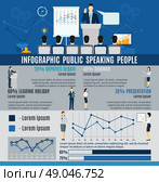  Infographic  Public People Speaking From Podium.  Infographic public people speaking to audience from  podium   statistics  and graphs flat  vector illustration. Стоковая иллюстрация, агентство Ingram Publishing / Фотобанк Лори