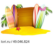 Summer Vacation  Poster Surfboards Starfish .  Summer vacation  poster  surfboards sand   starfish and  palm trees  vector illustration . Стоковая иллюстрация, агентство Ingram Publishing / Фотобанк Лори