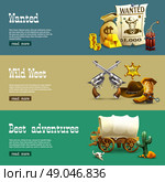  Wild West Banners Set . Wild west realistic horizontal banners set with best adventures symbols isolated vector illustration . Стоковая иллюстрация, агентство Ingram Publishing / Фотобанк Лори