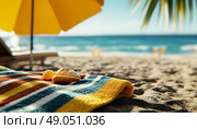 Relaxation on a Sandy Beach With Vibrant Sunshade and Fresh Pastries in Bright Sunlight. Стоковое AI-изображение, AI-художник Юлия Гапеенко / Фотобанк Лори