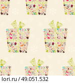 Seamless pattern with ornamental Christmas gift box with reindeers, snowflakes and flowers, vector illustration. Стоковая иллюстрация, агентство Ingram Publishing / Фотобанк Лори