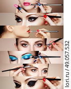Beauty collage. Faces of women. Fashion photo. Makeup artist applies lipstick and eye shadow. Стоковое фото, агентство Ingram Publishing / Фотобанк Лори