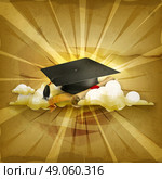 Graduation cap and diploma, old style vector background. Стоковая иллюстрация, агентство Ingram Publishing / Фотобанк Лори