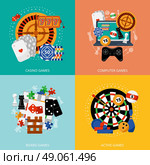 Gambling games 4 flat icons square. Popular gambling games of fortune entertainment casino poster with 4 flat icons composition abstract isolated vector illustration. Стоковая иллюстрация, агентство Ingram Publishing / Фотобанк Лори