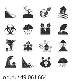 Natural Disasters Monochrome Icons Set . Natural disasters and negative effects icons set drawn in black and white flat style isolated vector illustration. Стоковая иллюстрация, агентство Ingram Publishing / Фотобанк Лори