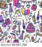 Birthday party time seamless pattern. Birthday celebration party time attributes symbols and accessories colorful pictograms  seamless tileable paper pattern abstract vector illustration. Editable EPS and Render in JPG format. Стоковая иллюстрация, агентство Ingram Publishing / Фотобанк Лори