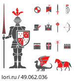 Medieval knights black red icons set . Medieval castle knight with lance and shield icons set and dragon red black abstract isolated vector illustration. Стоковая иллюстрация, агентство Ingram Publishing / Фотобанк Лори