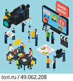  Mass Media Isometric Concept. Mass media  isometric design concept set with journalists preparing news materials operators working with camera and interviewer vector illustration. Редакционная иллюстрация, агентство Ingram Publishing / Фотобанк Лори