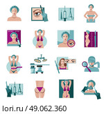 Plastic surgery flat icons set . Cosmetic facial and body lift  plastic surgery flat icon collection with abdominal contouring abstract isolated vector illustration. Стоковая иллюстрация, агентство Ingram Publishing / Фотобанк Лори