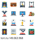 3D Printing Flat Icons Collection . Innovative technologies 3d printing industry service flat icons collection for creating prototypes models abstract isolated vector illustration. Стоковая иллюстрация, агентство Ingram Publishing / Фотобанк Лори