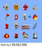 Firefighters Cartoon Icons Red Blue Set. Fire department firefighting brigade service ammunition and accessories modern styled cartoon red icons set isolated vector illustration . Стоковая иллюстрация, агентство Ingram Publishing / Фотобанк Лори