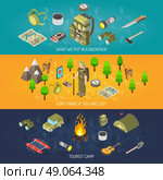 Hiking Banner Equipment And Tourist camp. Hiking banner equipment and tourist camp with backpack tent axe compass binoculars bonfire flashlight vector illustration. Стоковая иллюстрация, агентство Ingram Publishing / Фотобанк Лори