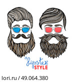 Hipsters heads colored glasses doodle pictograms . Two hipster hair style men heads with blue and red glasses doodle pictograms abstract vector isolated illustration. Стоковая иллюстрация, агентство Ingram Publishing / Фотобанк Лори