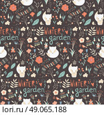 Seamless pattern with winter garden flowers, foxes and scarf, hat and mittens, vector illustration. Стоковая иллюстрация, агентство Ingram Publishing / Фотобанк Лори