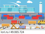 Loading freight containers cargo plane. Transportation delivery, logistic shipping, service industry, load airplane, airport terminal, import express and distribution freighter. Loader near container. Стоковая иллюстрация, агентство Ingram Publishing / Фотобанк Лори