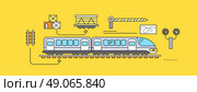 Concept of Freight Forwarding rail by train. Transport delivery, shipping import industry, distribution and logistic, export railway transportation. Set of thin, lines, outline flat icons. Стоковая иллюстрация, агентство Ingram Publishing / Фотобанк Лори