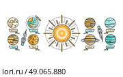 Solar system icon flat design. Earth planet space and sun, science astronomy, galaxy and saturn, jupiter and venus, mars and mercury, uranus and neptune vector. Solar system showing planets around sun. Стоковая иллюстрация, агентство Ingram Publishing / Фотобанк Лори