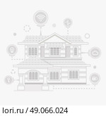 Concept of smart home and control device. Technology device, system mobile automation, monitoring energy power, electricity efficiency, equipment temperature, smart house, remote thermostat. Стоковая иллюстрация, агентство Ingram Publishing / Фотобанк Лори